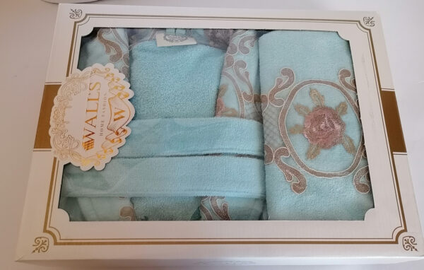 Жіночий махровий халат з мереживом + 2 рушники, розмір 50–52, блакитний, 100% бавовна, Walles Туреччина — фото 5