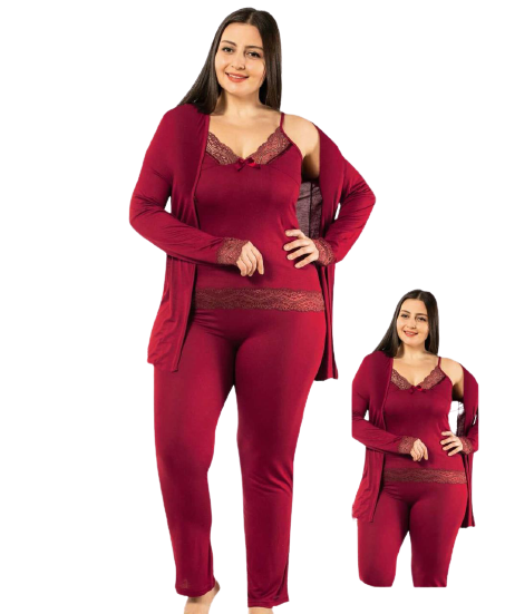 Жіноча піжама великого розміру з мереживом 2XL–3XL (54-58), бордова, Miss Dunya Lissa, Туреччина — фото 3