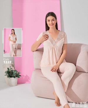 Жіноча піжама з мереживом Stella Pink, віскоза, Туреччина, кремова, розмір L (52)