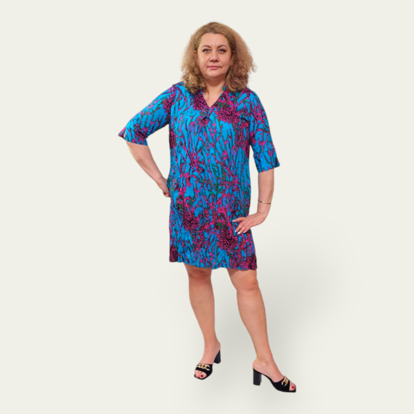 Жіноча літня сукня зі штапелю, блакитна, oversize 46–52, коротка, рукав 3/4, 100% бавовна, Туреччина — фото 7