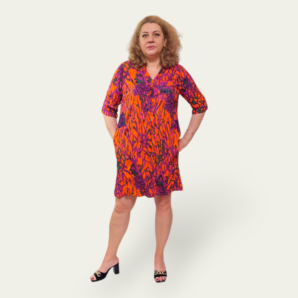 Жіноча літня сукня зі штапелю, помаранчева, oversize 46–52, коротка, рукав 3/4, 100% бавовна, Туреччина — фото 4