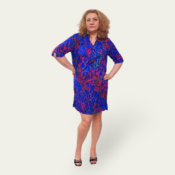 Жіноча літня сукня зі штапелю, синя, oversize 46–52, коротка, рукав 3/4, 100% бавовна, Туреччина — фото 5