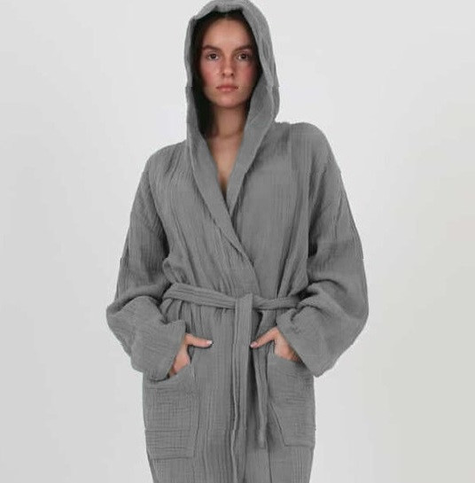 Жіночий мусліновий халат Lekesiz XL (48-50) з капюшоном, 100% бавовна, сірий, Туреччина — фото 3