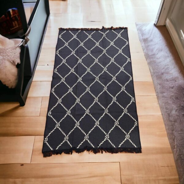 Двосторонній турецький килим 120×180 см Eko Sacil kilim, бавовна та акрил, з бахромою, чорний і білий, геометричний візерунок Ромб — фото 4