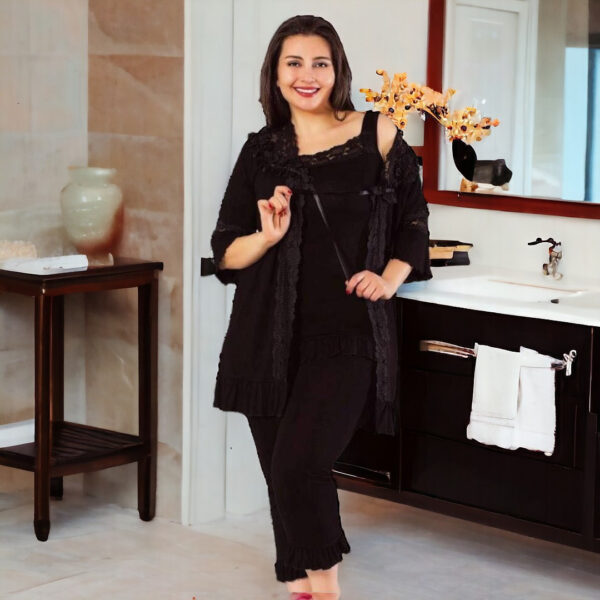 Жіноча піжама з мереживом 2ХЛ 54-56 великого розміру, майка бриджі, кофта MDL Туреччина, чорна — фото 3
