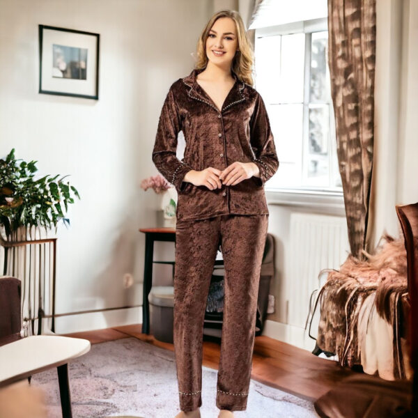 Жіноча велюрова піжама Miss Duhya Lissa, мармуровий велюр, Туреччина, коричнева, розмір M (44–46) — фото 7