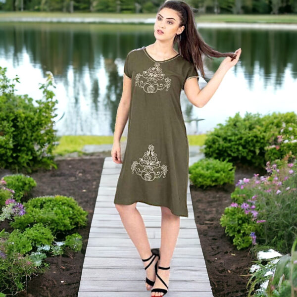 Літня жіноча сукня зі штапелю з вишивкою Merve Moda 424, Туреччина, хакі, розмір L (48) — фото 4
