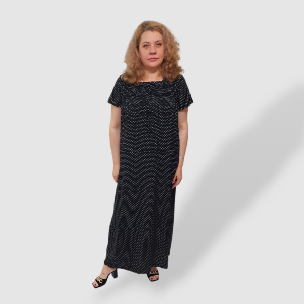 Літня штапельна довга сукня в горох Туреччина великі розміри 58 3XL Merve Moda 444 Чорний — фото 5