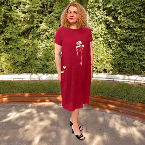 Літня сукня зі штапелю з вишивкою Merve Moda 128, Туреччина, бордова, розмір 48 (M) — фото 4