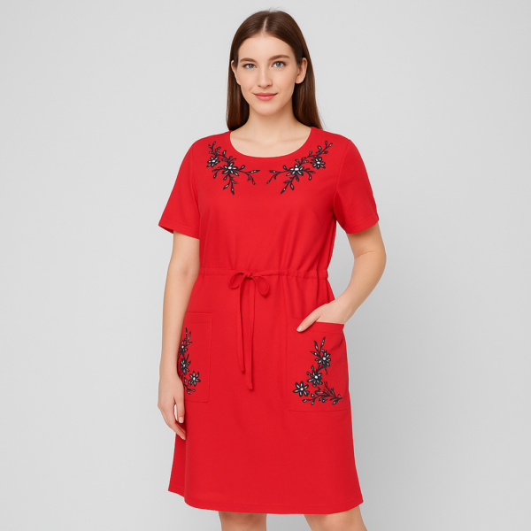 Літня сукня зі штапелю з вишивкою Merve Moda 342, Туреччина, коралова, розмір 50 (L) — фото 4