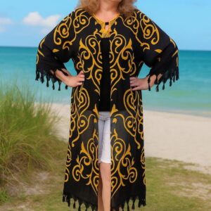 Пляжна туніка-халат oversize, 100% бавовна, чорна з принтом, розмір 50–56, Туреччина