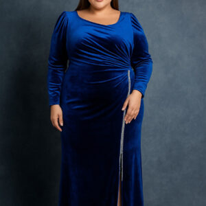 Синє довге вечірнє плаття великого розміру 54-60, велюрове зі стразами ТМ Luxso Abiye Туреччина
