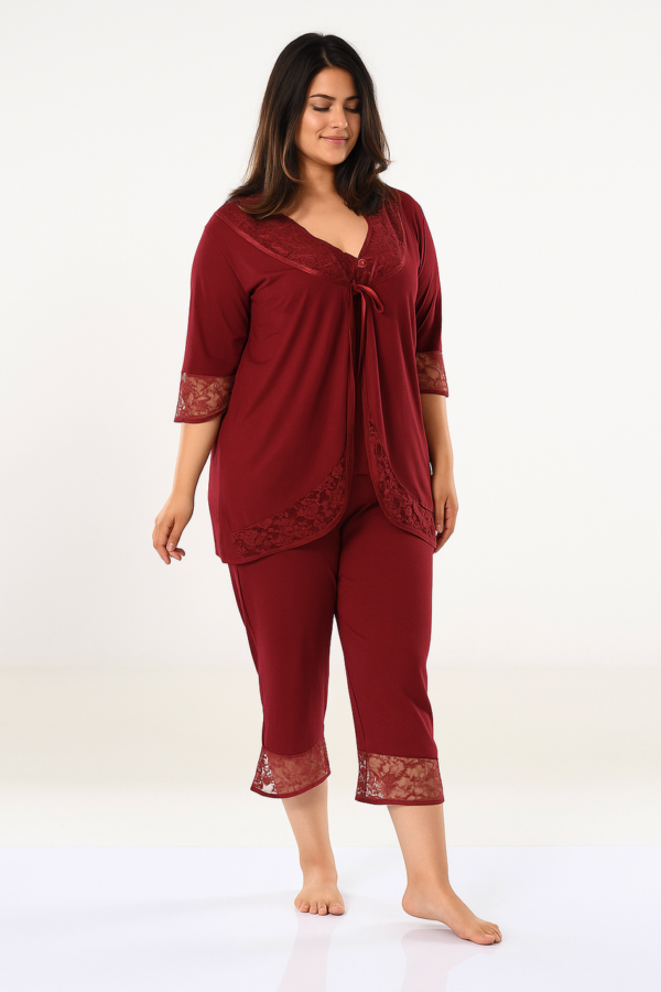 Жіноча піжама з мереживом 56–58 (2XL–3XL), комплект 3 предмети (майка, бриджі, кофта) MDL Туреччина — фото 2