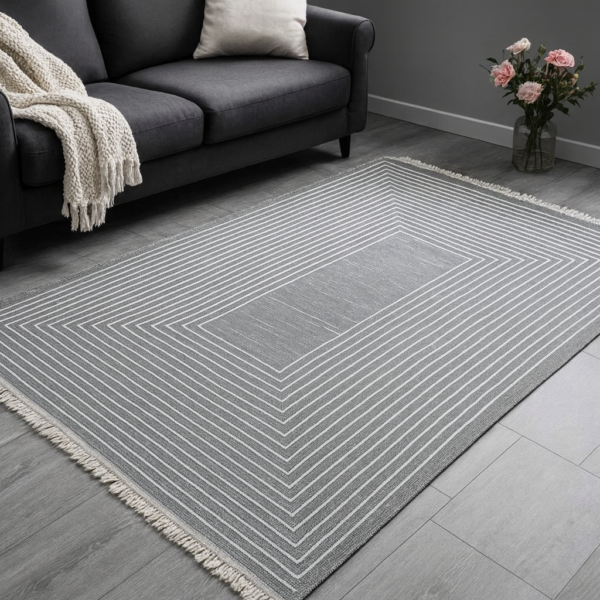 Турецький безворсовий килим Sacil Kilim 160×230 см, сірий, із геометричним візерунком і бахромою, бавовна та акрил — фото 2