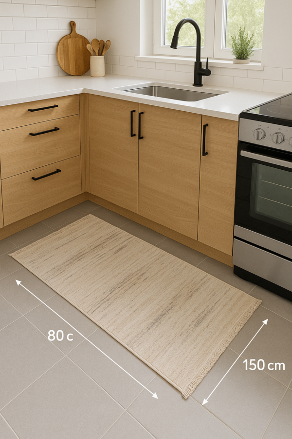 Код товару: 105707 Турецький килим з бахромою 80×150 см кремово-сірий REFORM CARPET ENN STYLE 1002, у вітальню, спальню, кухню — фото 5