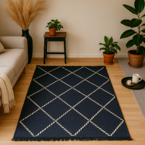 Двосторонній турецький килим 120×180 см Eko Sacil kilim, бавовна та акрил, з бахромою, чорний і білий, геометричний візерунок Ромб