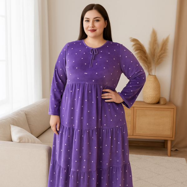Домашнє велюрове плаття великого розміру Merve Moda 476, сиреневе, 2XL (58-60), Туреччина, бавовна — фото 2