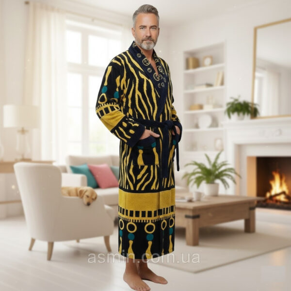 Код товара: 105585 Чоловічий махровий халат Home L-XL (50-56), 100% бавовна, синій, 600 г/м², Туреччина — фото 2
