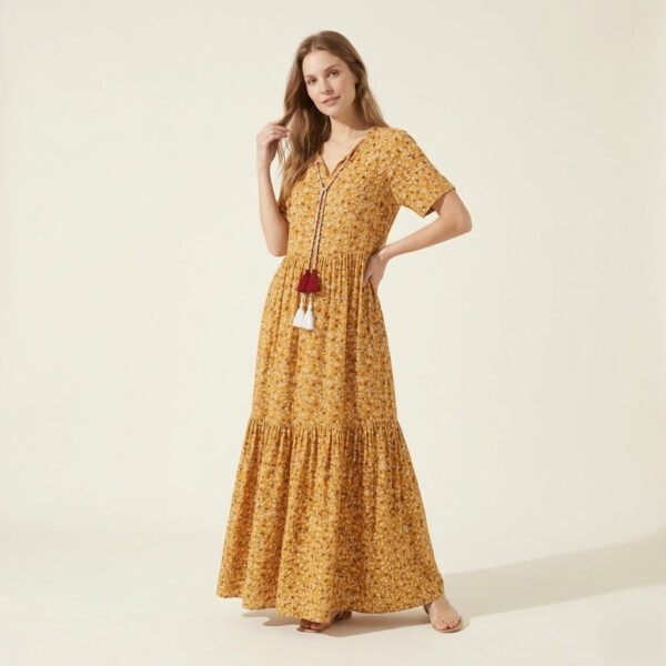 Легка літня сукня зі штапелю довга максі в підлогу жовта квіткова Merve Moda 422, Туреччина, розмір 48 — фото 2