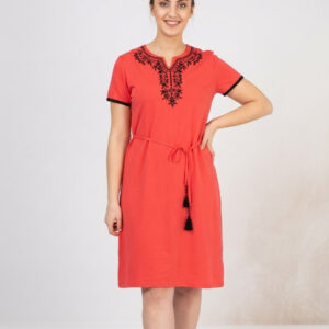 Турецьке літнє плаття міді зі штапелю з вишивкою Merve Moda 426, коралове, розмір 3XL (56)