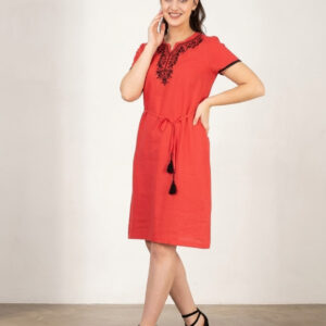 Турецьке літнє плаття міді зі штапелю з вишивкою Merve Moda 426, коралове, розмір 3XL (56) — фото 2