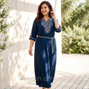 Літня довга сукня максі зі штапелю з вишивкою Merve Moda 432, синя, розмір XL (48–50)