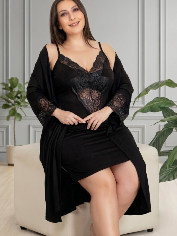 Нічна сорочка з халатом Lady віскоза чорна Туреччина 60–62 (4XL) великий розмір пеньюар комплект 19220 — фото 3