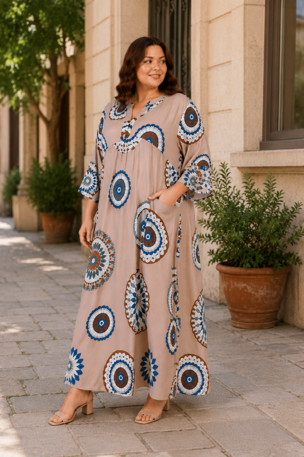 Довга штапельна сукня великих розмірів 56 2XL Туреччина Merve Moda 551 Бежева — фото 8