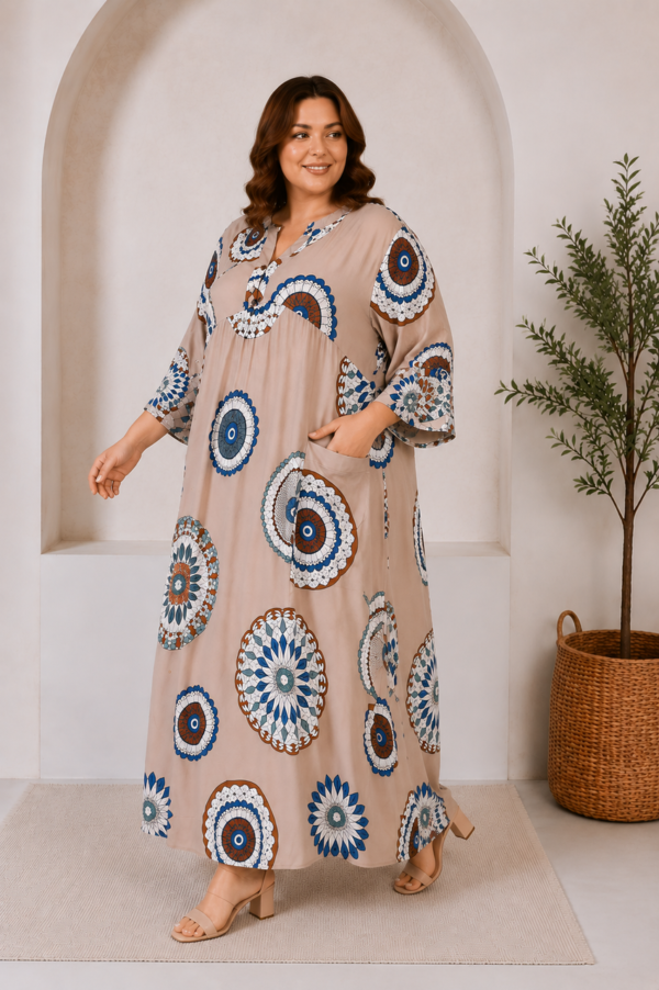 Довга штапельна сукня великих розмірів 56 2XL Туреччина Merve Moda 551 Бежева — фото 2