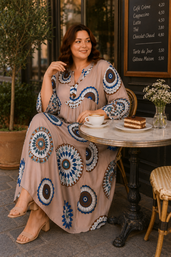 Довга штапельна сукня великих розмірів 56 2XL Туреччина Merve Moda 551 Бежева — фото 3