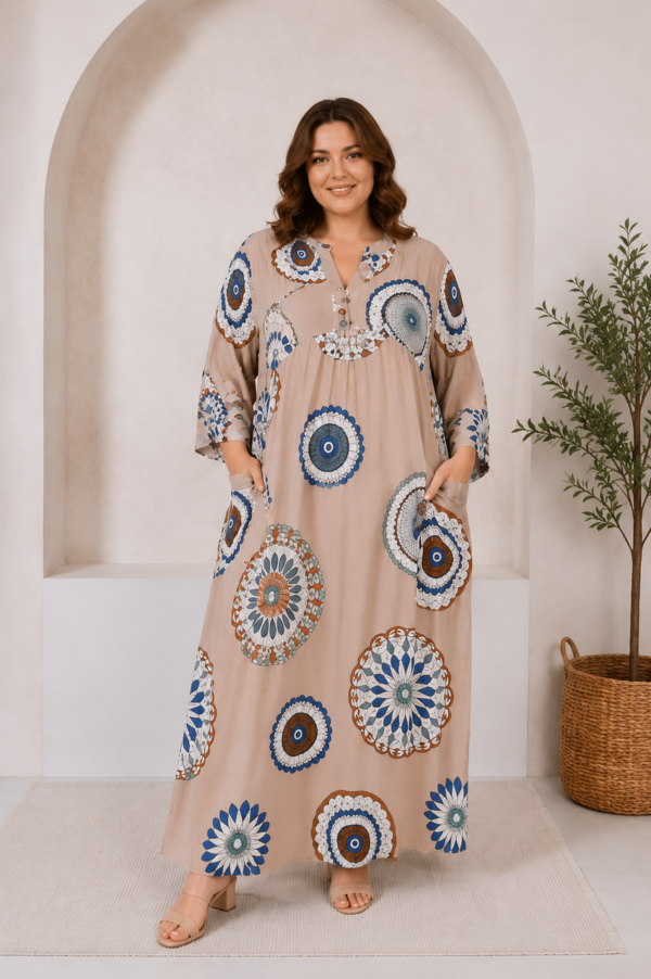 Довга штапельна сукня великих розмірів 56 2XL Туреччина Merve Moda 551 Бежева — фото 9