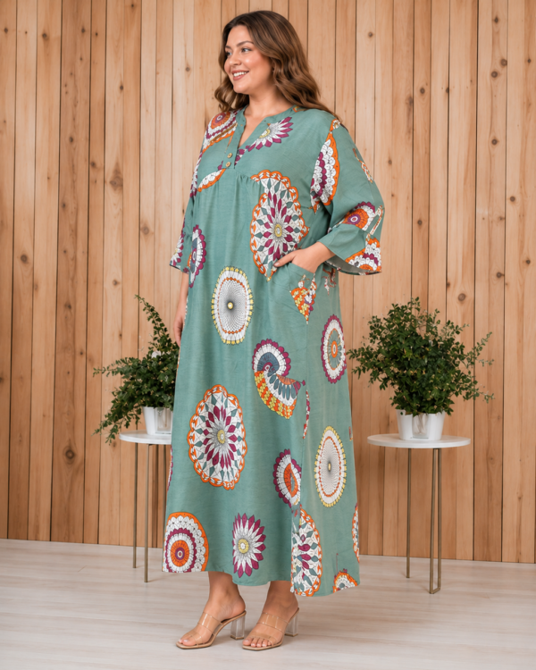 Довга штапельна сукня великих розмірів 60-62 4XL Туреччина Merve Moda 551 Зелена — фото 5