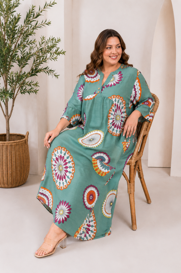Довга штапельна сукня великих розмірів 60-62 4XL Туреччина Merve Moda 551 Зелена — фото 4