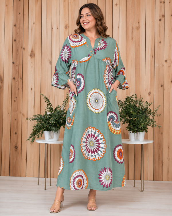 Довга штапельна сукня великих розмірів 60-62 4XL Туреччина Merve Moda 551 Зелена — фото 8