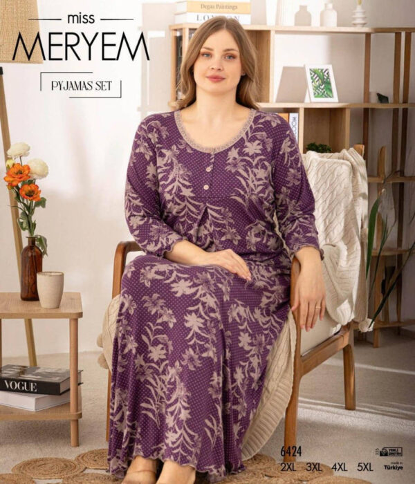 Длинная ночная рубашка большого размера Miss Meryem (Турция), вискоза, фиолетовая с бежевыми лилиями, 6424