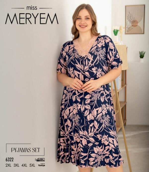 Нічна сорочка великого розміру з мереживом Miss Meryem (Туреччина), віскоза, темно-синя з пудровими квітами, 6322, розмір 2XL