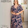 Нічна сорочка великого розміру з мереживом Miss Meryem (Туреччина), віскоза, темно-синя з пудровими квітами, 6322, розмір 5XL