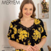 Ночная рубашка большого размера с кружевом Miss Meryem, вискоза, черная с желтыми цветами, 6446, размер 2XL