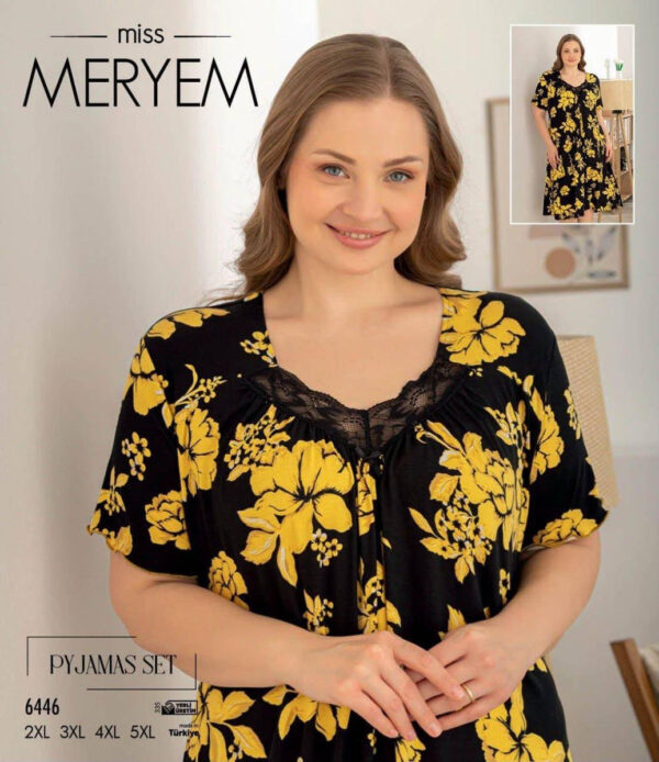 Нічна сорочка великого розміру з мереживом Miss Meryem (Туреччина), віскоза, чорна з жовтими квітами, 6446, розмір 3XL