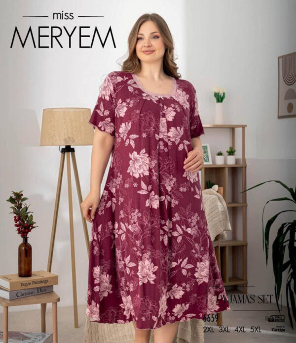 Нічна сорочка великого розміру з мереживом Miss Meryem (Туреччина), віскоза, бордова з розовими півоніями, 6659, розмір 2XL