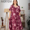 Нічна сорочка великого розміру з мереживом Miss Meryem (Туреччина), віскоза, бордова з розовими півоніями, 6659, розмір 3XL