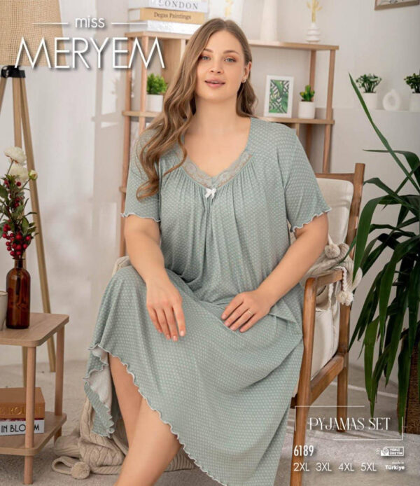 Нічна сорочка великого розміру з мереживом Miss Meryem (Туреччина), віскоза, сіро-зелена в дрібний візерунок, 6189, розмір 2XL