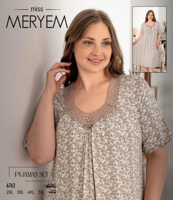 Ночная рубашка большого размера с кружевом Miss Meryem, вискоза, молочная с бежевым узором, 6762, размер 2XL