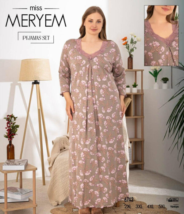 Длинная ночная рубашка большого размера Miss Meryem, вискоза, серо-бежевая с розовыми цветами, 6742, размер 3XL