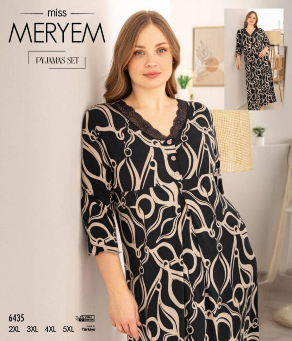 Довга нічна сорочка великого розміру Miss Meryem (Туреччина), віскоза, чорна з бежевим візерунком, 6435, розмір 4XL