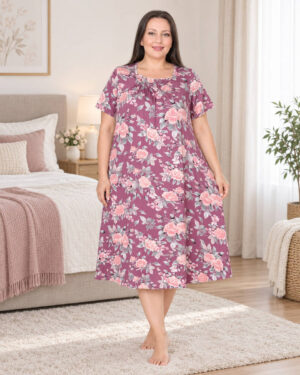 Нічна сорочка великого розміру Elena Tekstil 4XL-6XL, бавовна, рожева з квітами, Туреччина