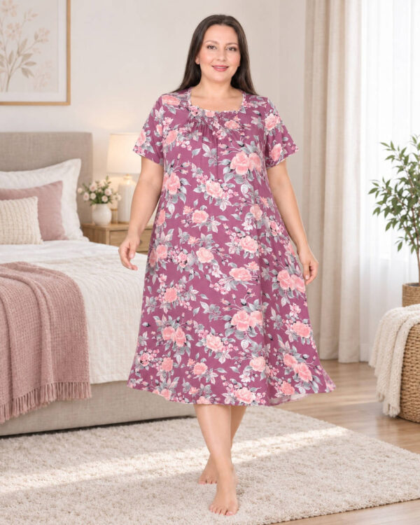 Нічна сорочка великого розміру Elena Tekstil 4XL-6XL, бавовна, рожева з квітами, Туреччина
