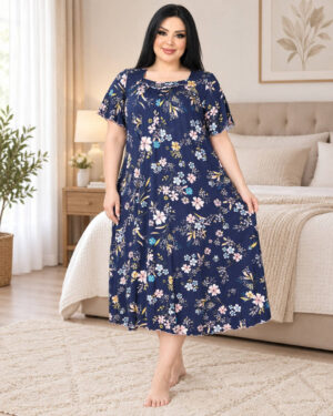 Нічна сорочка великого розміру Elena Tekstil 4XL-6XL, бавовна, темно-синя з квітами, Туреччина