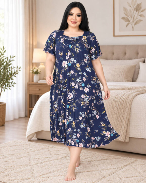 Ночная рубашка большого размера Elena Tekstil 4XL-6XL, хлопок, темно-синяя с цветами, Турция