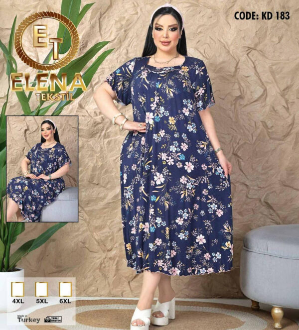 Нічна сорочка великого розміру Elena Tekstil 4XL-6XL, бавовна, темно-синя з квітами, Туреччина